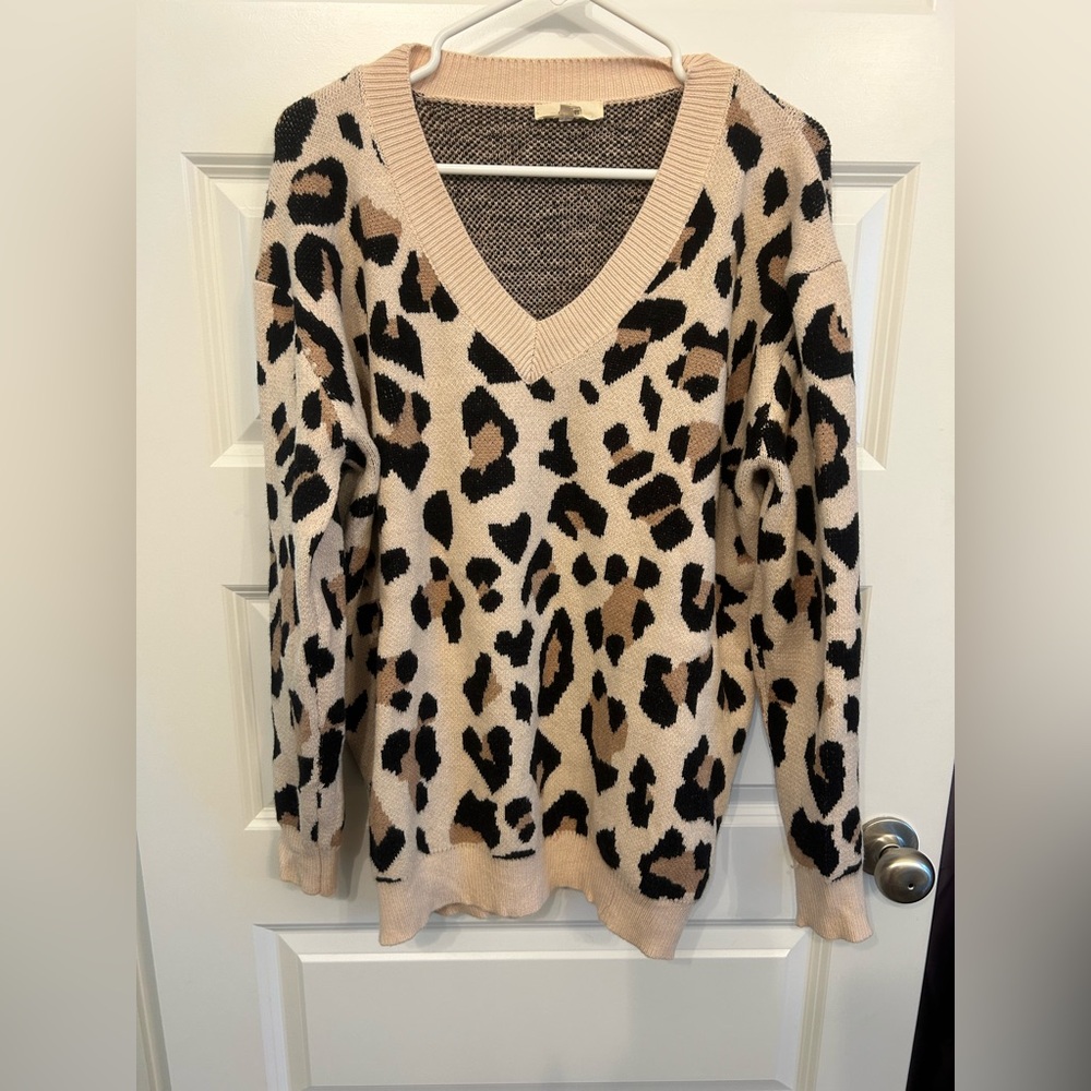 Entro Beige and Black Animal Print V-Neck Sweater